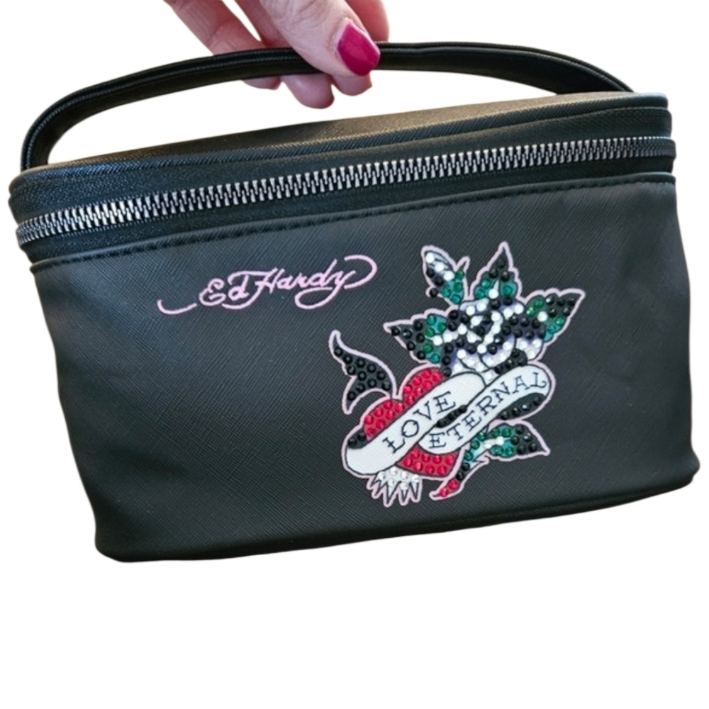 NEW Ed Hardy Black Embroidered LOVE ETERNAL Cosmetic Top Handle Bag